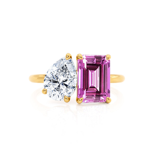 COMET - Toi Et Moi Chatham® Pink Sapphire Emerald & Lab Diamond Pear Cut Ring 18k Yellow Gold