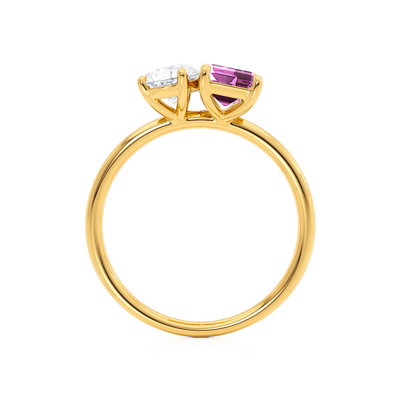 COMET - Toi Et Moi Chatham® Pink Sapphire Emerald & Lab Diamond Pear Cut Ring 18k Yellow Gold