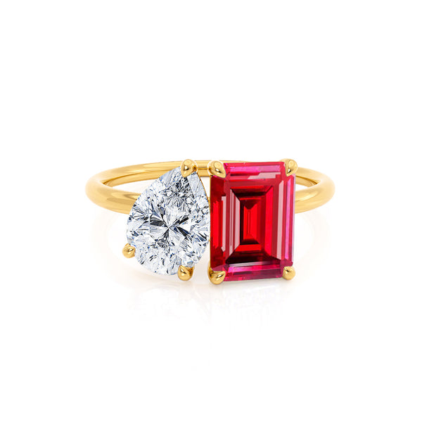 COMET - Toi Et Moi Chatham® Ruby Emerald & Lab Diamond Pear Cut Ring 18k Yellow Gold