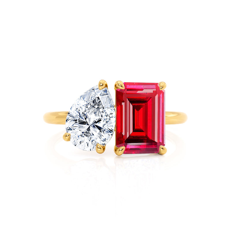 COMET - Toi Et Moi Chatham® Ruby Emerald & Lab Diamond Pear Cut Ring 18k Yellow Gold