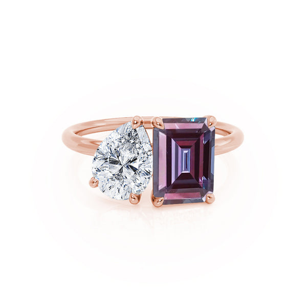 COMET - Toi Et Moi Chatham® Alexandrite Emerald & Lab Diamond Pear Cut Ring 18k Rose Gold