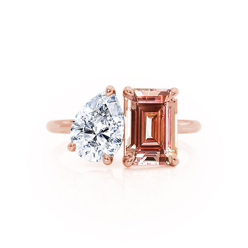 COMET - Toi Et Moi Chatham® Champagne Sapphire Emerald & Lab Diamond Pear Cut Ring 18k Rose Gold