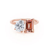 COMET - Toi Et Moi Chatham® Champagne Sapphire Emerald & Lab Diamond Pear Cut Ring 18k Rose Gold