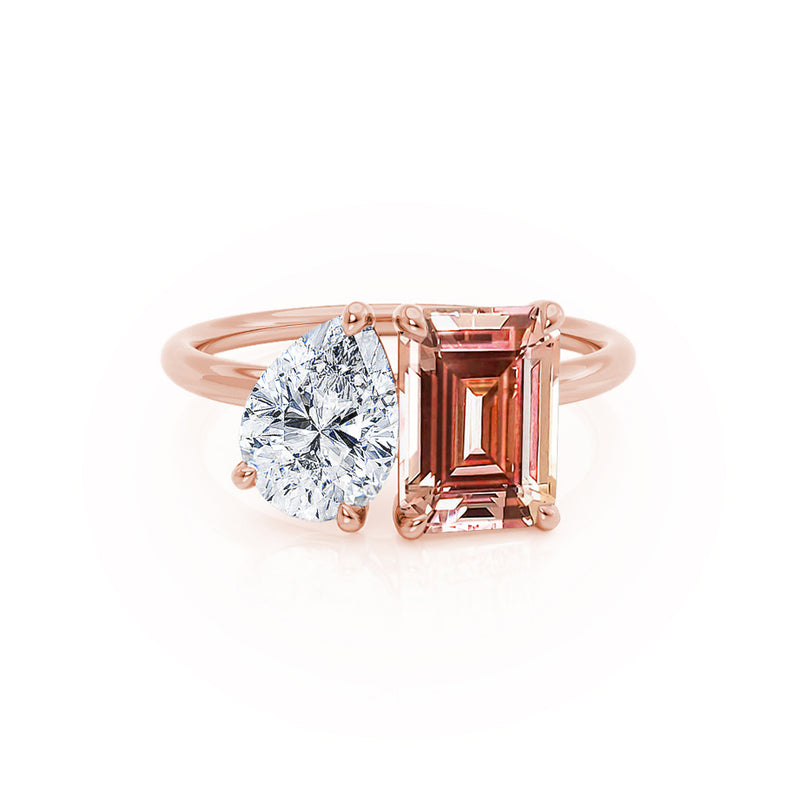 COMET - Toi Et Moi Chatham® Champagne Sapphire Emerald & Lab Diamond Pear Cut Ring 18k Rose Gold