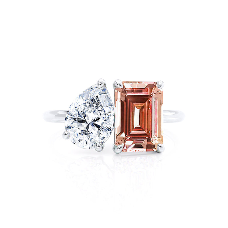 COMET - Toi Et Moi Chatham® Champagne Sapphire Emerald & Lab Diamond Pear Cut Ring 950 Platinum