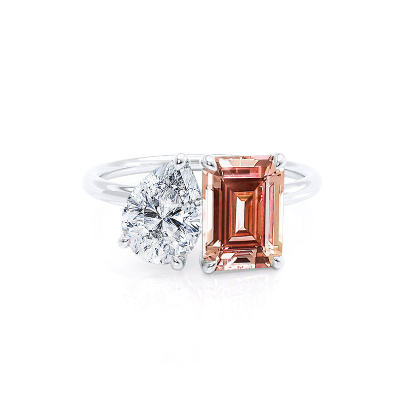 COMET - Toi Et Moi Chatham® Champagne Sapphire Emerald & Lab Diamond Pear Cut Ring 950 Platinum