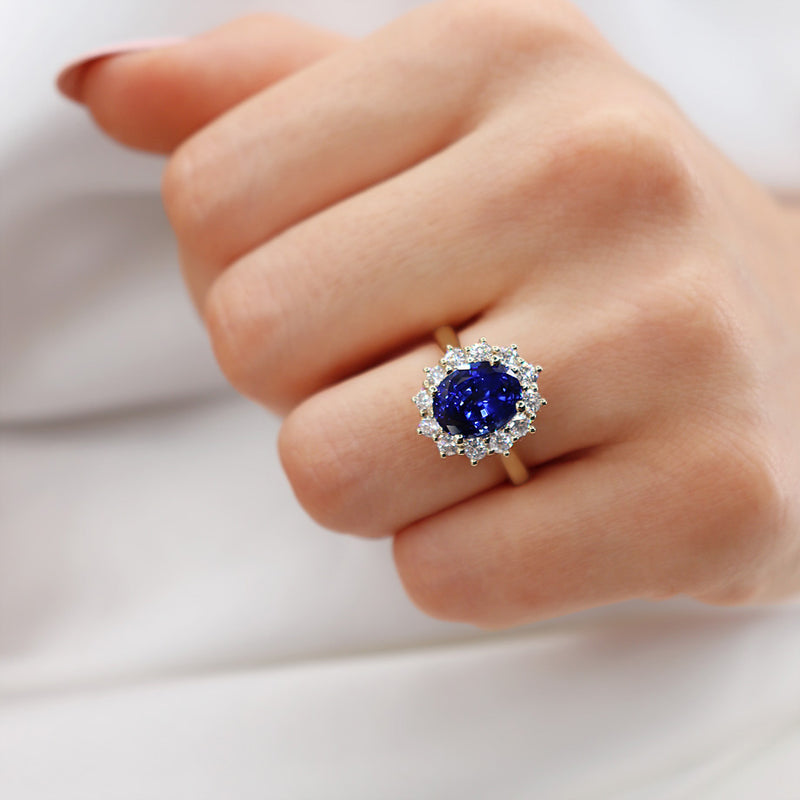 DIANA - 3.94ct Oval Cut Chatham® Blue Sapphire & Lab Diamond 18k Yellow Gold Engagement Ring Lily Arkwright