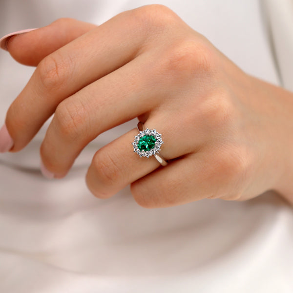 DIANA - Oval Cut 0.72ct Chatham® Emerald & Lab Diamond 950 Platinum Halo Engagement Ring Lily Arkwright Ecoms 