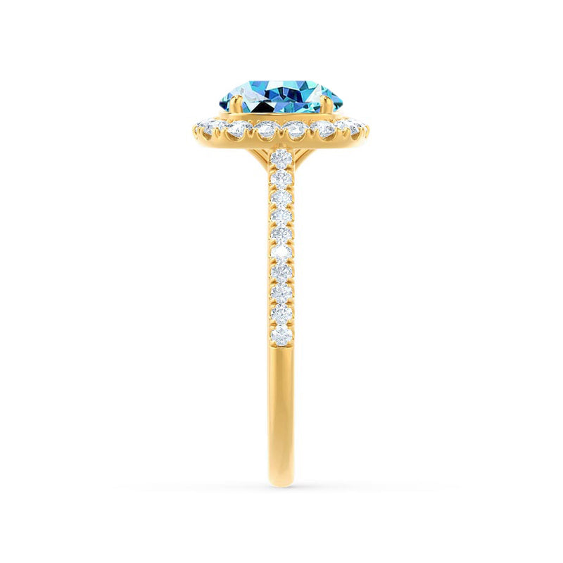 DARLEY - Aqua Spinel Elongated Cushion Micro Pavé 18k Yellow Gold Halo Engagement Ring Lily Arkwright