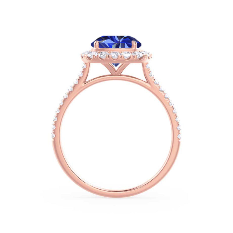 DARLEY - Blue Sapphire Elongated Cushion Micro Pavé 18k Rose Gold Halo Engagement Ring Lily Arkwright