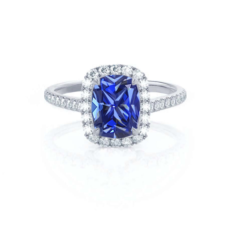 DARLEY - Blue Sapphire Elongated Cushion Micro Pavé 18k White Gold Halo Engagement Ring Lily Arkwright