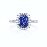 DARLEY - Blue Sapphire Elongated Cushion Micro Pavé 950 Platinum Halo Engagement Ring Lily Arkwright