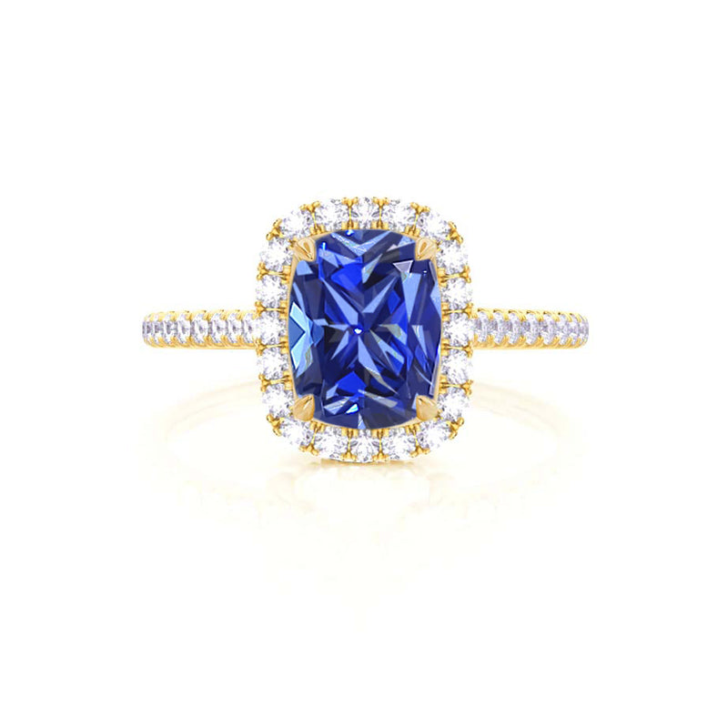 DARLEY - Blue Sapphire Elongated Cushion Micro Pavé 18k Yellow Gold Halo Engagement Ring Lily Arkwright