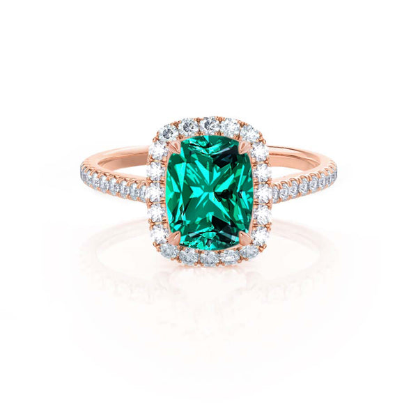 DARLEY - Emerald Elongated Cushion Micro Pavé 18k Rose Gold Halo Engagement Ring Lily Arkwright