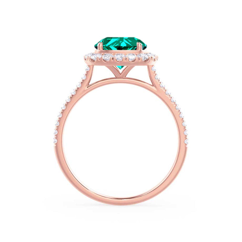 DARLEY - Emerald Elongated Cushion Micro Pavé 18k Rose Gold Halo Engagement Ring Lily Arkwright
