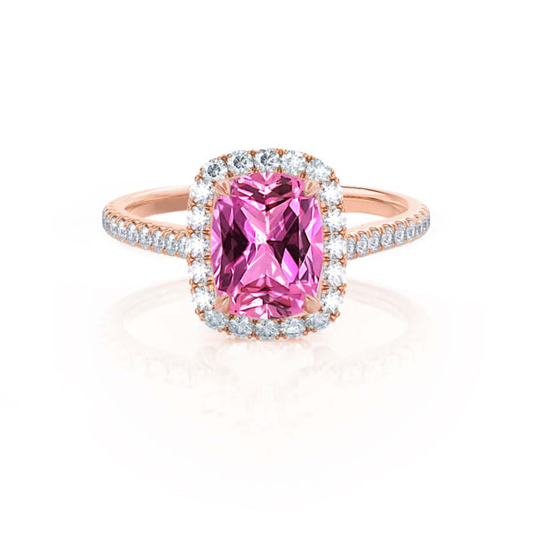 DARLEY - Pink Sapphire Elongated Cushion Micro Pavé 18k Rose Gold Halo Engagement Ring Lily Arkwright
