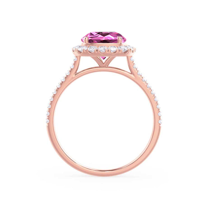 DARLEY - Pink Sapphire Elongated Cushion Micro Pavé 18k Rose Gold Halo Engagement Ring Lily Arkwright