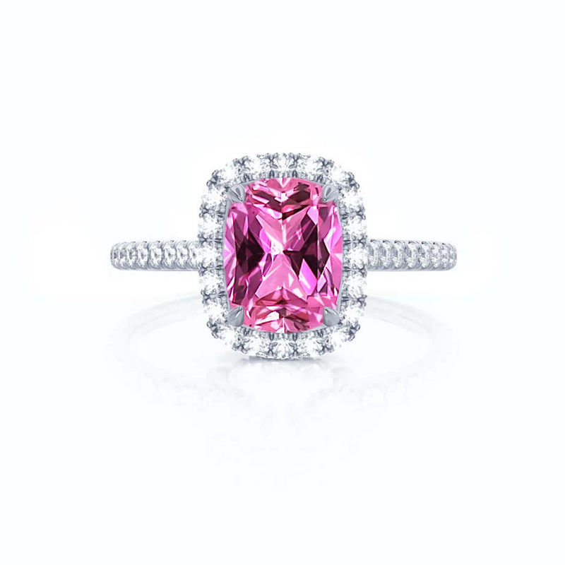 DARLEY - Pink Sapphire Elongated Cushion Micro Pavé 18k White Gold Halo Engagement Ring Lily Arkwright