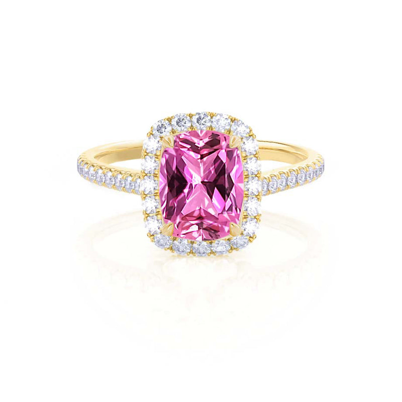 DARLEY - Pink Sapphire Elongated Cushion Micro Pavé 18k Yellow Gold Halo Engagement Ring Lily Arkwright