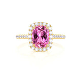 DARLEY - Pink Sapphire Elongated Cushion Micro Pavé 18k Yellow Gold Halo Engagement Ring Lily Arkwright