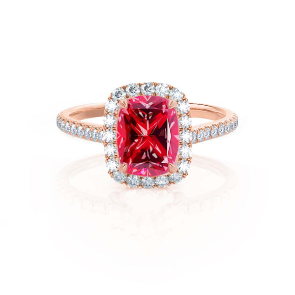 DARLEY - Ruby Elongated Cushion Micro Pavé 18k Rose Gold Halo Engagement Ring Lily Arkwright