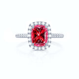 DARLEY - Ruby Elongated Cushion Micro Pavé 950 Platinum Halo Engagement Ring Lily Arkwright