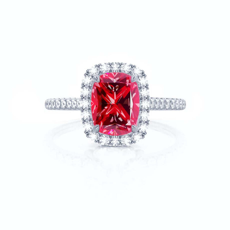 DARLEY - Ruby Elongated Cushion Micro Pavé 18k White Gold Halo Engagement Ring Lily Arkwright