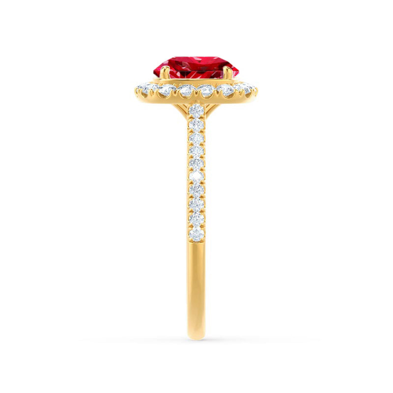 DARLEY - Ruby Elongated Cushion Micro Pavé 18k Yellow Gold Halo Engagement Ring Lily Arkwright
