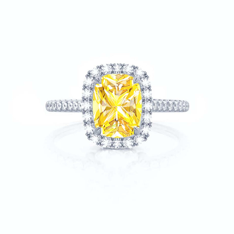 DARLEY - Yellow Sapphire Elongated Cushion Micro Pavé 950 Platinum Halo Engagement Ring Lily Arkwright