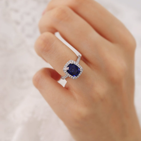 DARLEY - Blue Sapphire Elongated Cushion Micro Pavé 18k Rose Gold Halo Engagement Ring Lily Arkwright
