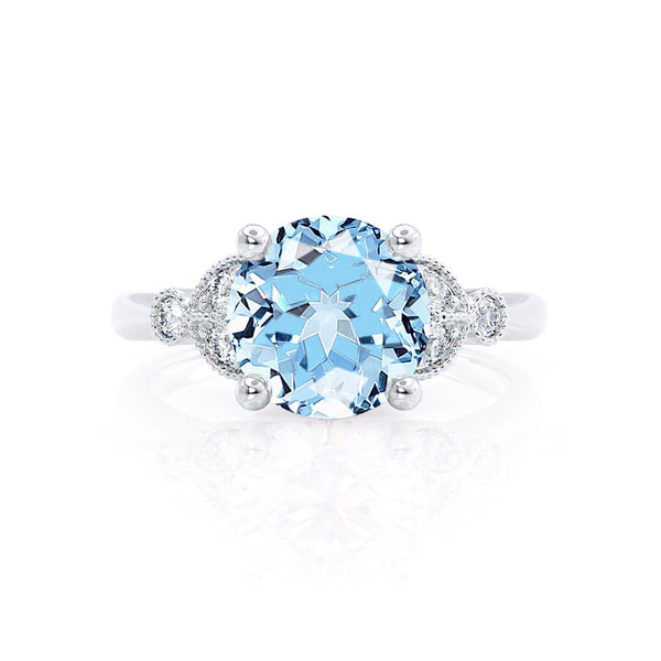 DELILAH - Round Aqua Spinel 18k White Gold Shoulder Set Ring Engagement Ring Lily Arkwright