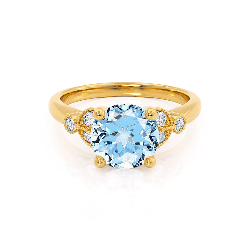 DELILAH - Round Aqua Spinel 18k Yellow Gold Shoulder Set Ring Engagement Ring Lily Arkwright