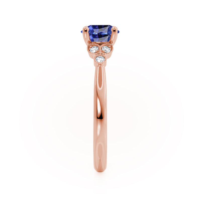 DELILAH - Round Blue Sapphire 18k Rose Gold Shoulder Set Ring Engagement Ring Lily Arkwright
