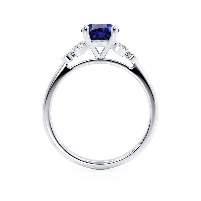 DELILAH - Round Blue Sapphire 18k White Gold Shoulder Set Ring Engagement Ring Lily Arkwright
