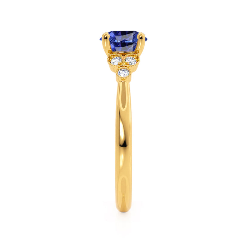 DELILAH - Round Blue Sapphire 18k Yellow Gold Shoulder Set Ring Engagement Ring Lily Arkwright