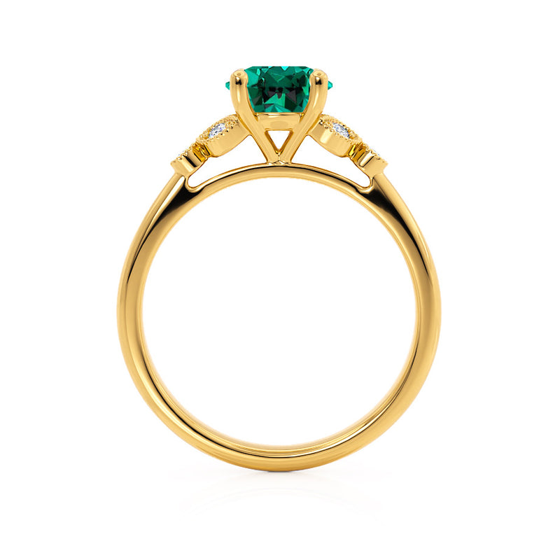 DELILAH - Round Emerald 18k Yellow Gold Shoulder Set Ring Engagement Ring Lily Arkwright