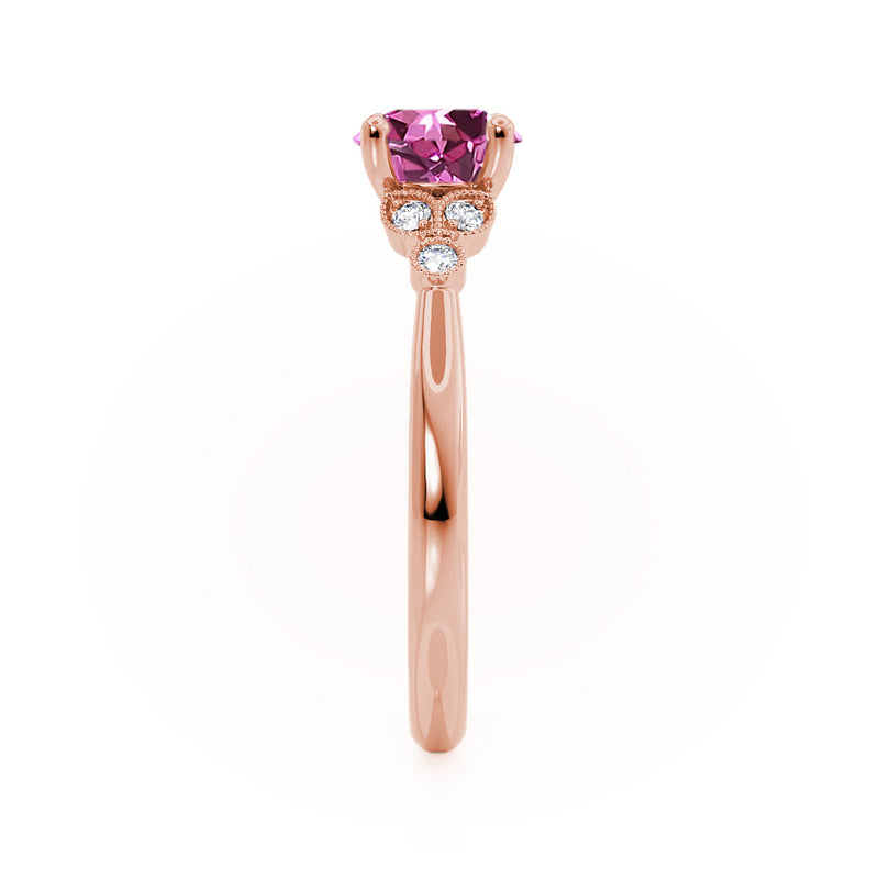 DELILAH - Round Pink Sapphire 18k Rose Gold Shoulder Set Ring Engagement Ring Lily Arkwright