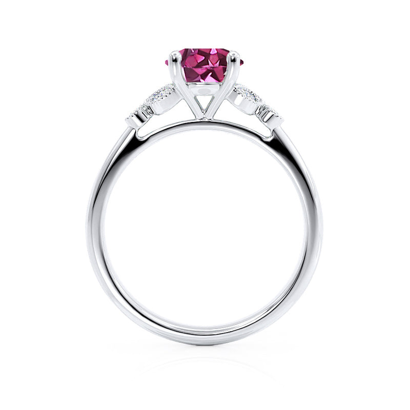 DELILAH - Round Pink Sapphire 18k White Gold Shoulder Set Ring Engagement Ring Lily Arkwright