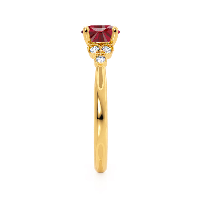 DELILAH - Round Ruby 18k Yellow Gold Shoulder Set Ring Engagement Ring Lily Arkwright