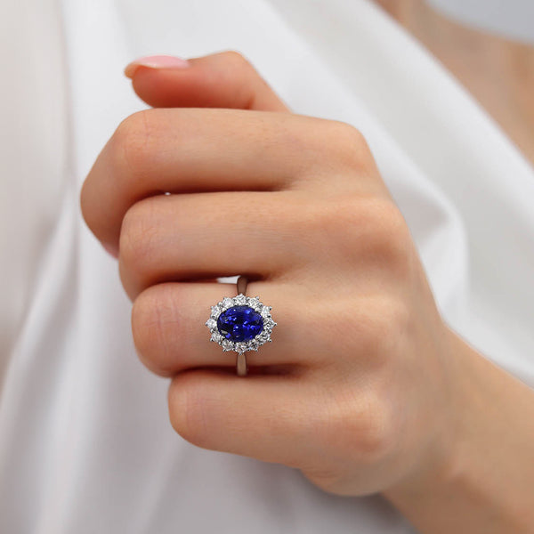 Diana 2.72ct 9x7mm Oval Cut Chatham Blue Sapphire & Lab Diamond 18k White Gold Halo Ring Lily Arkwright