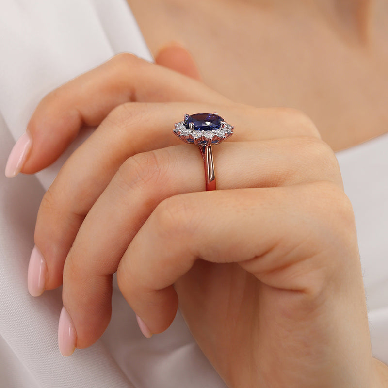 Diana 3.94ct 10x8mm Oval Cut Chatham Blue Sapphire & Lab Diamond 18k Rose Gold Halo Two Tone 950 Platinum Basket Ring Lily Arkwright (Edited)