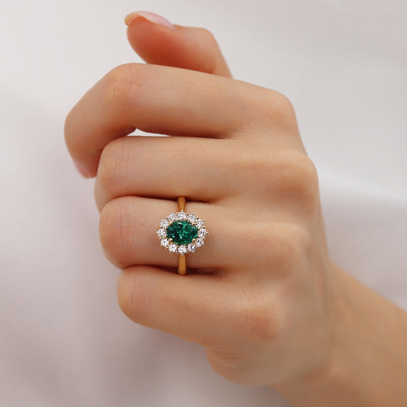 Diana 1.18ct 8x6mm Oval Cut Chatham Emerald & Lab Diamond 18k Yellow Gold Halo Engagement Ring Lily Arkwright