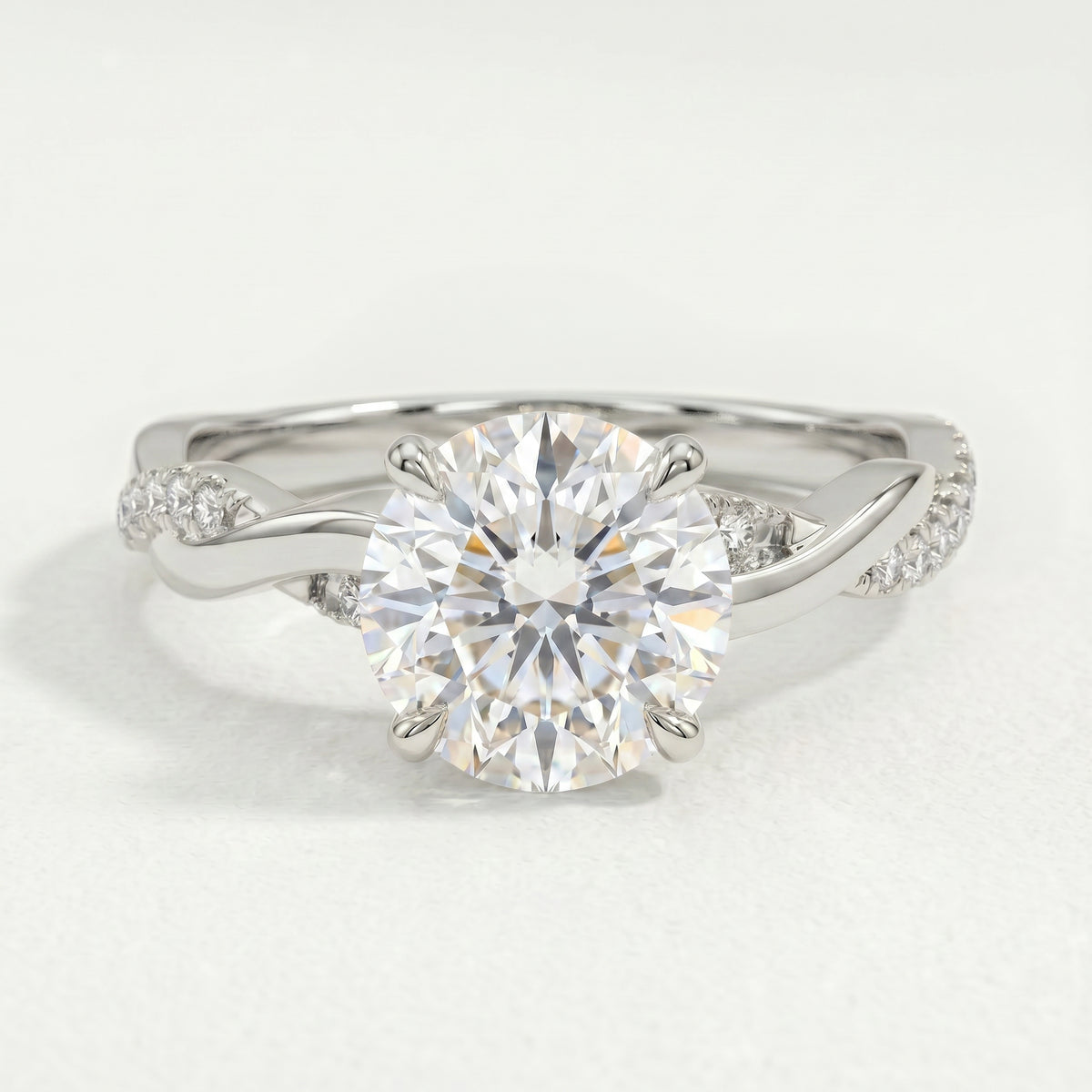Eden shoulder set solitaire round lab diamond shoulder twist set 18k white gold platinum engagement ring