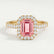 Esme halo engagement ring in 18k yellow gold with an emerald-cut morganite-pink lab-grown sapphire centre stone and diamond accents, front view.