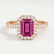 Esme halo engagement ring in 18k rose gold with an emerald-cut pink lab-grown sapphire centre stone and diamond accents, front view.