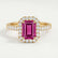 Esme halo engagement ring in 18k yellow gold with an emerald-cut pink lab-grown sapphire centre stone and diamond accents, front view.