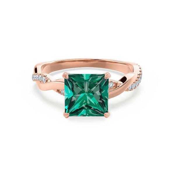 EDEN - Chatham® Princess Emerald & Diamond 18k Rose Gold Vine Solitaire Ring