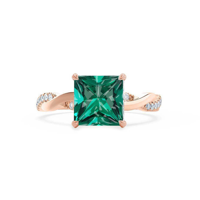 EDEN - Chatham® Princess Emerald & Diamond 18k Rose Gold Vine Solitaire Ring