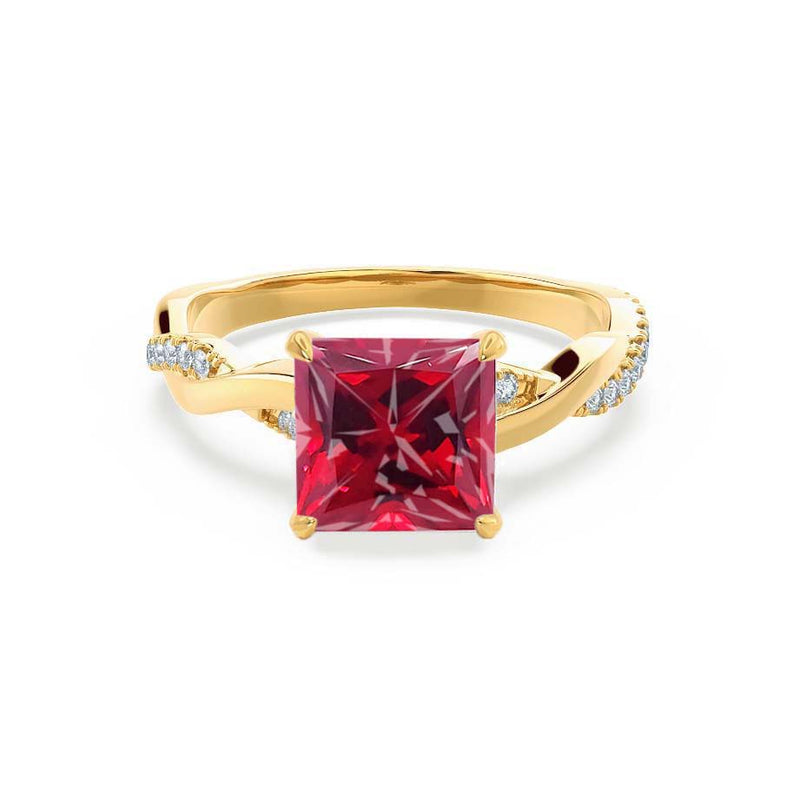 EDEN - Chatham® Princess Ruby & Diamond 18k Yellow Gold Vine Solitaire Ring
