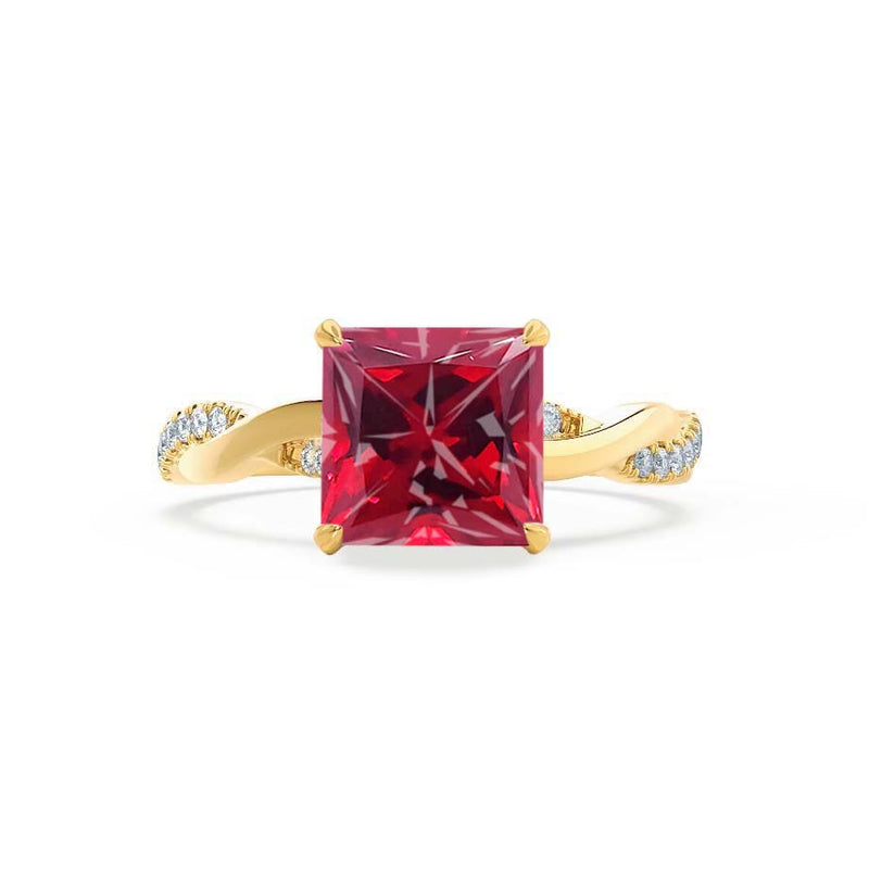 EDEN - Chatham® Princess Ruby & Diamond 18k Yellow Gold Vine Solitaire Ring